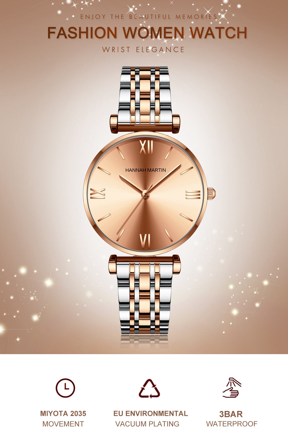 Simple Fashion Stainless Steel Women Watch Rose Gold Elegent Japan