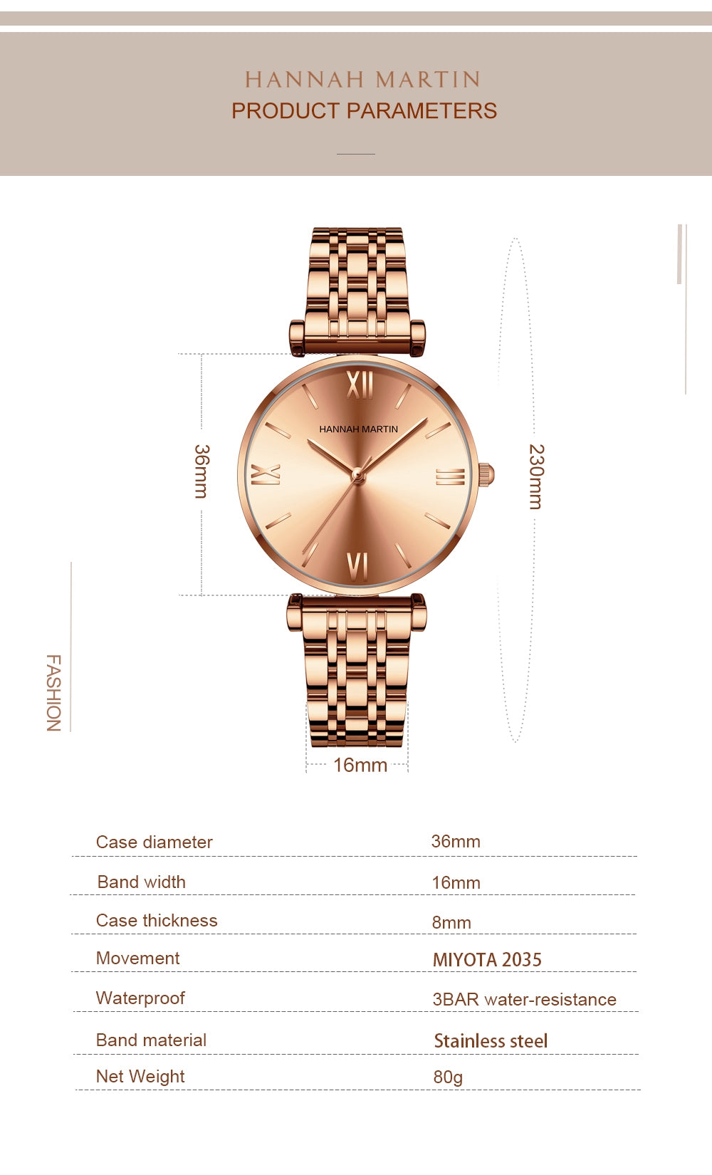 Simple Fashion Stainless Steel Women Watch Rose Gold Elegent Japan
