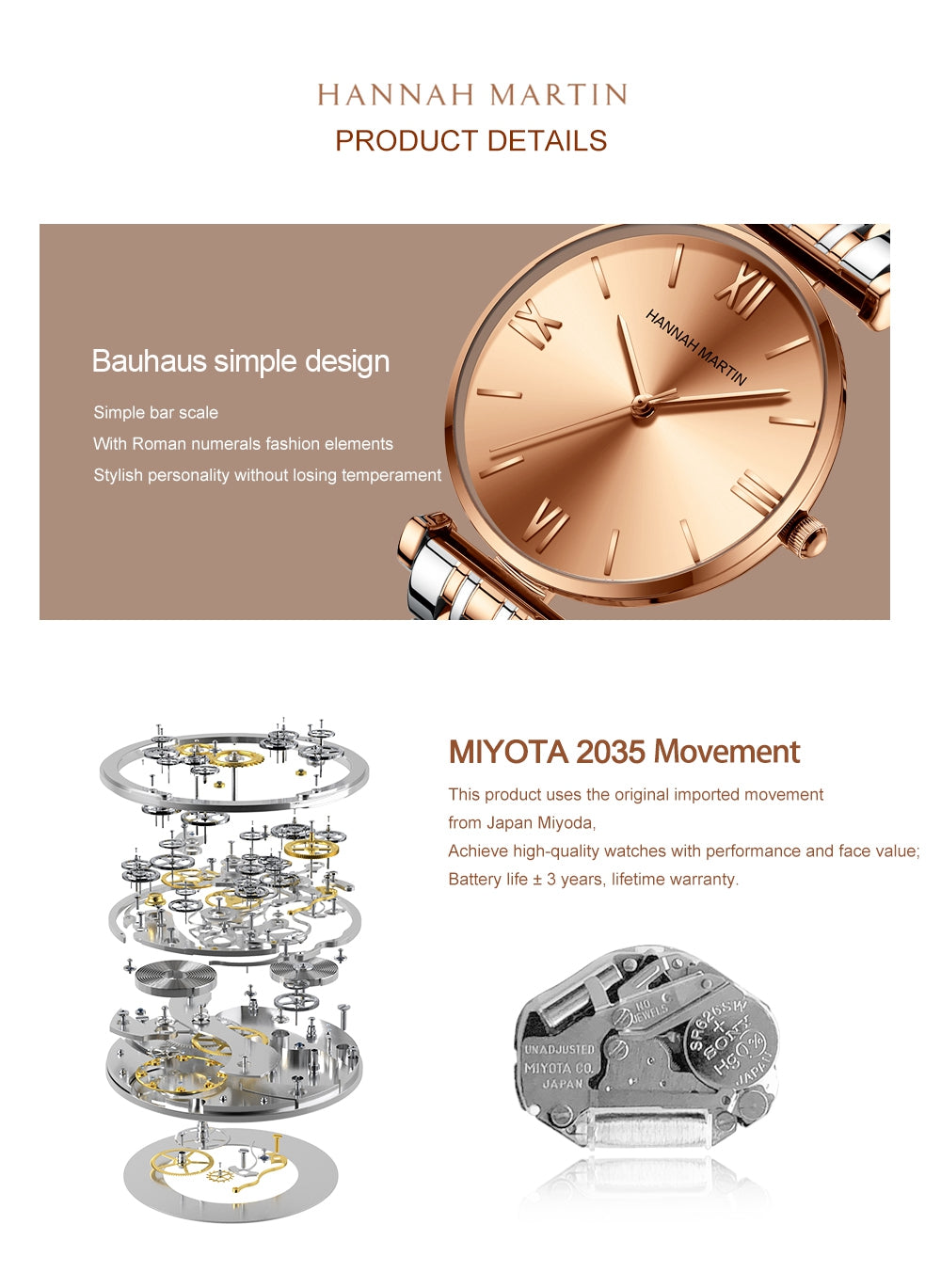 Simple Fashion Stainless Steel Women Watch Rose Gold Elegent Japan